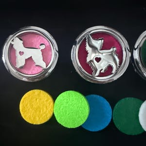 May include: Silver dog-shaped pendants with heart cutouts, set against pink and red backgrounds. Below, there are several colourful, round, absorbent pads in yellow, green, blue, and green. The items are on a black surface.