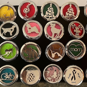 Può includere: Assortimento di 18 clip per bocchette di ventilazione per profumatori d'auto argentati con vari disegni e colori. I disegni includono animali, parole e temi festivi. Le parole includono "Love", "Mom", "Faith", "Hope" e "Love".