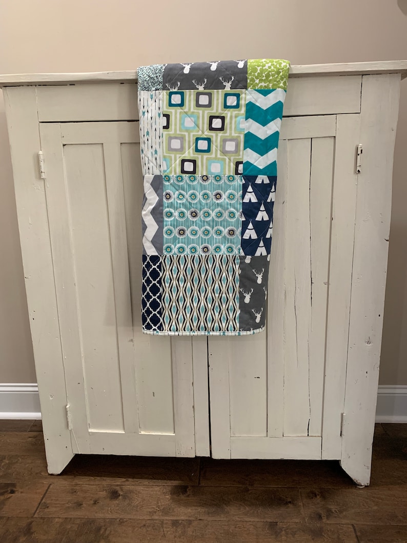 Buck Chevron Woodland Adventure Colorful Baby Quilt Arrows 40x47 Cotton and Minky Deer Tepee Handmade Green Teal Blue Gray White