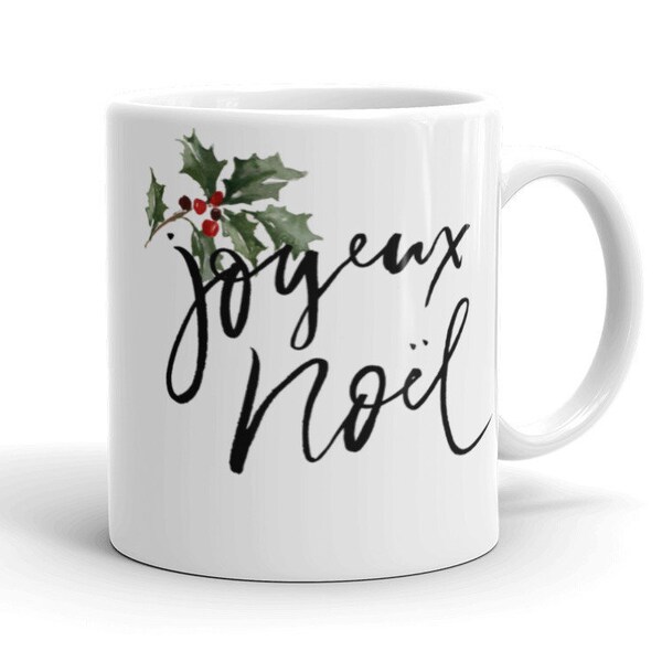 Joyeux Noel Christmas mug holiday yule stocking stuffer gift winter holly berry coffee tea