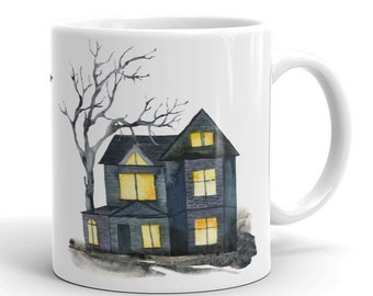 Haunted House Bats Moon coffee mug Halloween creepy spooky goth gothic mug gift