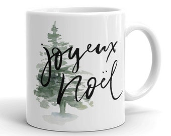 Joyeux Noel Christmas mug holiday yule stocking stuffer gift winter fir tree coffee tea