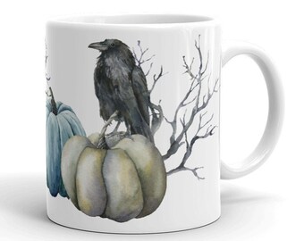 Crow and Pumpkins Goth Halloween coffee mug crow mug gothic coffee mug