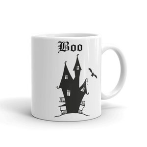 BOO Halloween coffee mug ceramic haunted house bat gift goth gothic