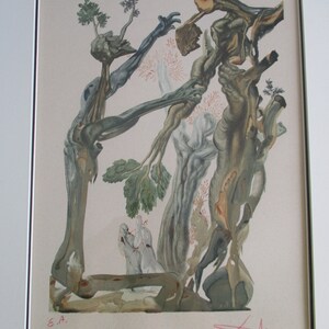 May include: A surrealist print featuring a tree with intertwining branches and limbs, resembling human anatomy. The print is in shades of brown, green, and gray, with a signature in the bottom right corner.
