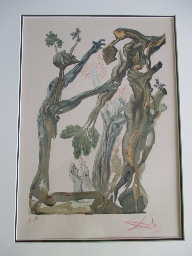 May include: A surrealist print featuring a tree with intertwining branches and limbs, resembling human anatomy. The print is in shades of brown, green, and gray, with a signature in the bottom right corner.