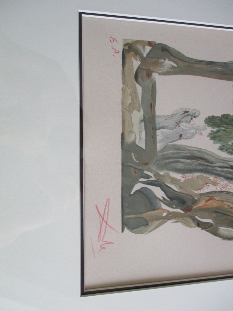 May include: A framed print of a surrealist artwork featuring a tree with branches that appear to be intertwined with human figures. The print is signed "E.A." in the upper right corner and "Dal&iacute;" in the lower left corner.