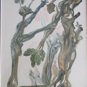 May include: Surrealist art print featuring a whimsical scene of intertwined tree branches with human-like limbs, reaching towards a small figure in the center. The print is done in shades of green, blue, and brown, with hints of pink and white.