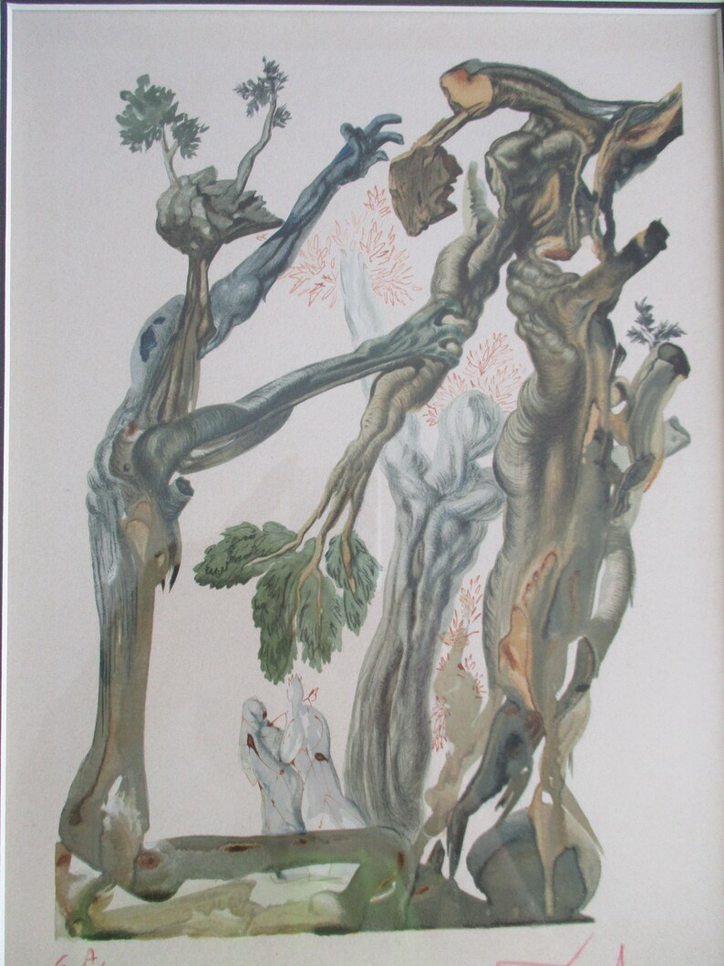 May include: Surrealist art print featuring a whimsical scene of intertwined tree branches with human-like limbs, reaching towards a small figure in the center. The print is done in shades of green, blue, and brown, with hints of pink and white.