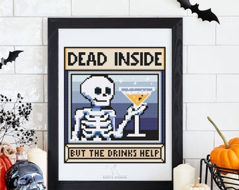 But The Drinks Help - Dark Humor Cross Stitch Pattern for Beginners - Skull Halloween Instant PDF - Small Full Coverage