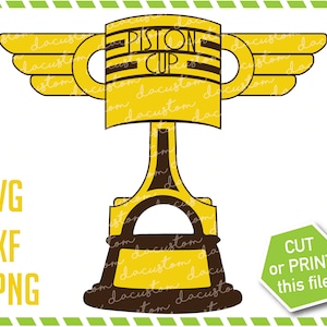 May include: A yellow Piston Cup trophy with wings. The trophy is shaped like a piston and has the words "Piston Cup" written on it.