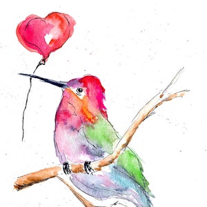 Carte imprimée aquarelle Colibri et ballon coeur pour la Saint-Valentin par Elvira Rascov©