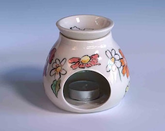 Oil burner diffuser, aromatheraphy , candle burner, Handmade ceramic with spring flowers decoration.