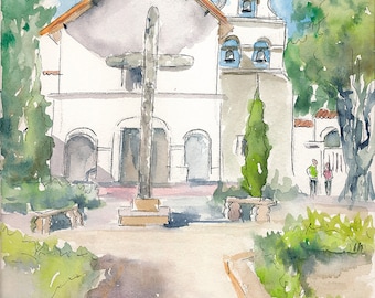 San Juan Bautista Mission Watercolor Print of Original Painting by Elvira Rascov©