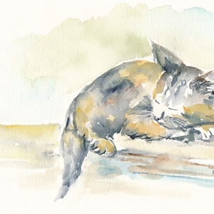 Sleepy Cat Watercolor Printed Card by Elvira Rascov©