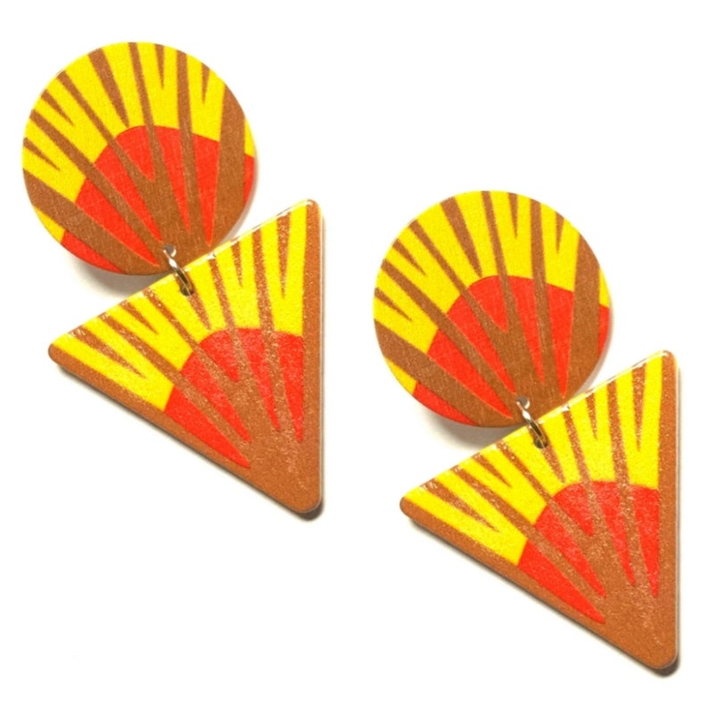 Tree of Life Yellow Red Statement Dangle Wooden Earrings