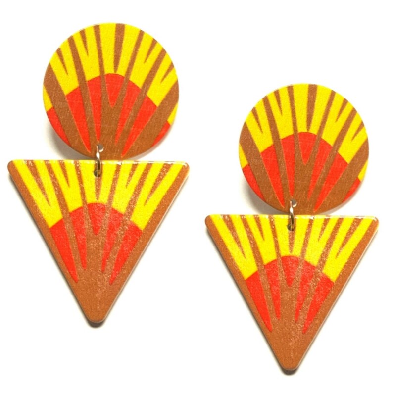 Tree of Life Yellow Red Statement Dangle Wooden Earrings