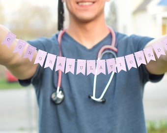 Pequeño banner personalizado de graduación de doctorado, "Felicitaciones, Dr. Bunting, Banner de la fiesta de graduación de la escuela de medicina, candidato a doctorado