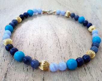 Multi-colors Blue lace agate,Turquoise,Blue Aventurine & lapis Lazuli Beads Necklace