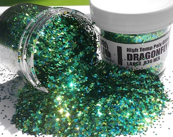 May include: A jar of green and gold glitter labelled "High Temp Poly Glitter - DRAGONFLY - LARGE 830 HEX"