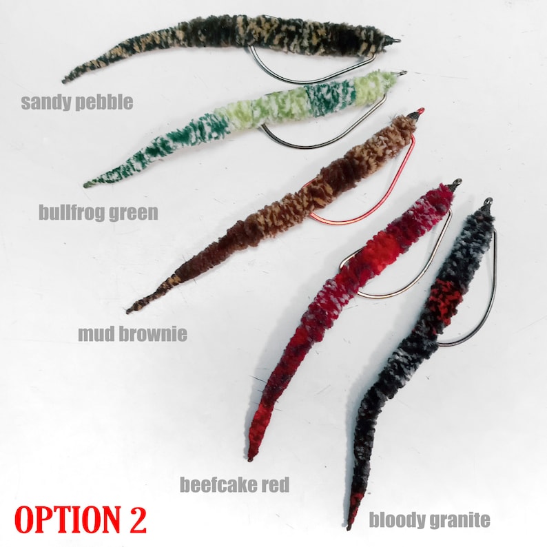 Bass Worm Fly 5 PACK Chenille Yarn Fly Worms Tied on 1/0 Matzuo Xwide