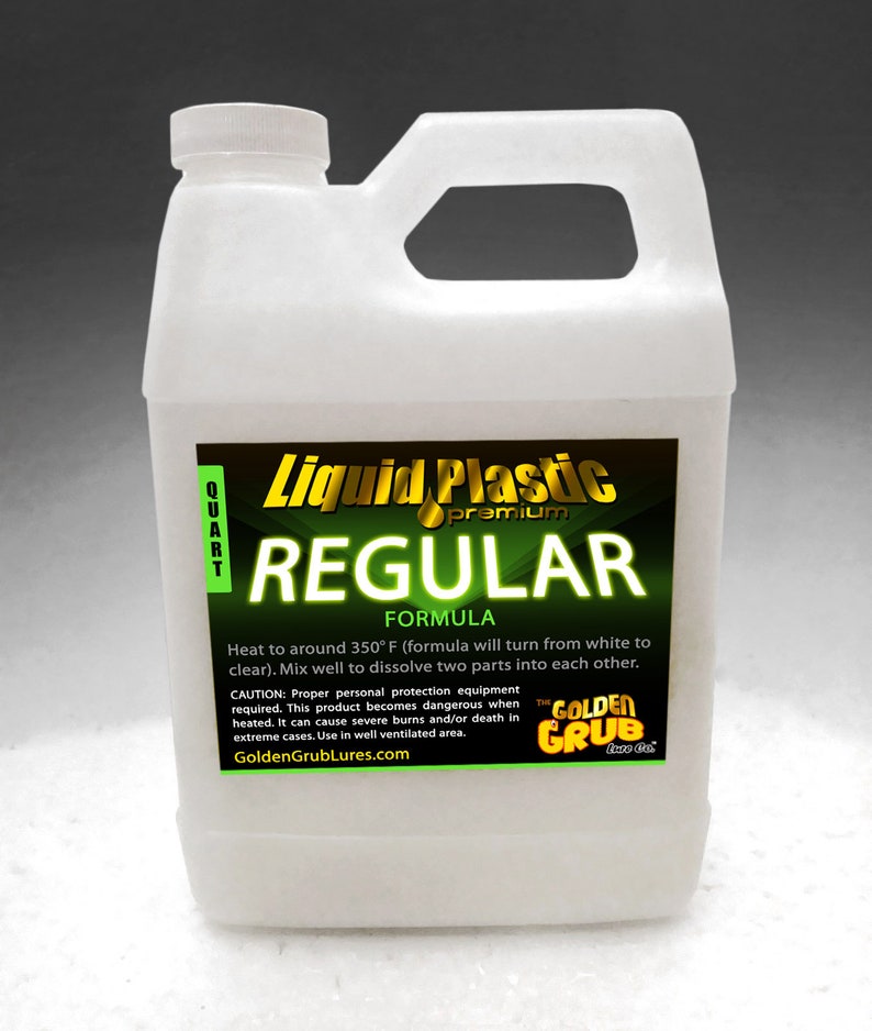 May include: A white quart bottle of Liquid Plastic Premium Regular Formula. The label is green and gold with the text "Liquid Plastic Premium Regular Formula". The label also includes instructions for use and safety warnings. The bottle is sitting on a white surface.