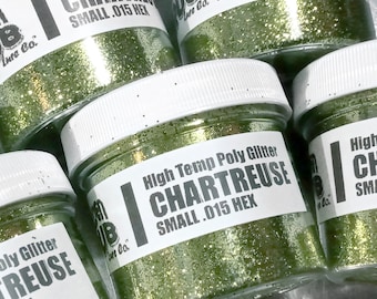 May include: Four jars of green glitter labelled "High Temp Poly Glitter Chartreuse Small .015 Hex" with a black and white logo of a lure and the words "Lure Co."