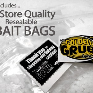 May include: A close-up of five resealable bait bags with a thank you note from The Golden Grub Lure Co. The note says "Thank you for shopping our fishing section!" The bags are white and have a black zipper. The note is white with black text. The background is white.