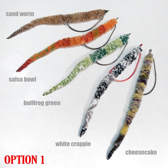 Bass Worm Fly 5 PACK Chenille Yarn Fly Worms Tied on 1/0 Matzuo X