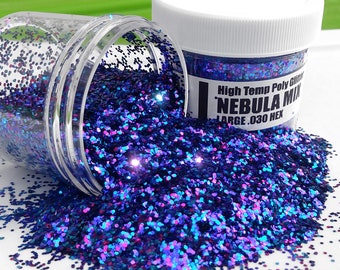 May include: A clear plastic jar filled with blue, purple and pink glitter. The jar is labelled "High Temp Poly Glitter Nebula Mix Large .030 Hex".
