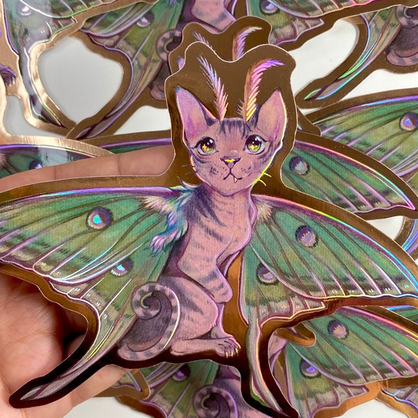 Cat Forest Fairy Sphynx Moon Moth Holographic Large Sticker