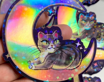 Grijze tabby maan holografische vinyl sticker