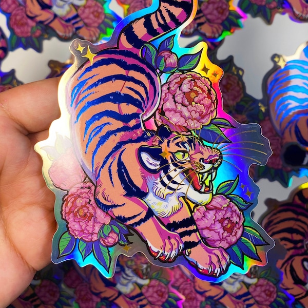 Holographic Gold and Navy Foil Tiger Chrysanthemum Flower Tattoo Styled Vinyl Sticker