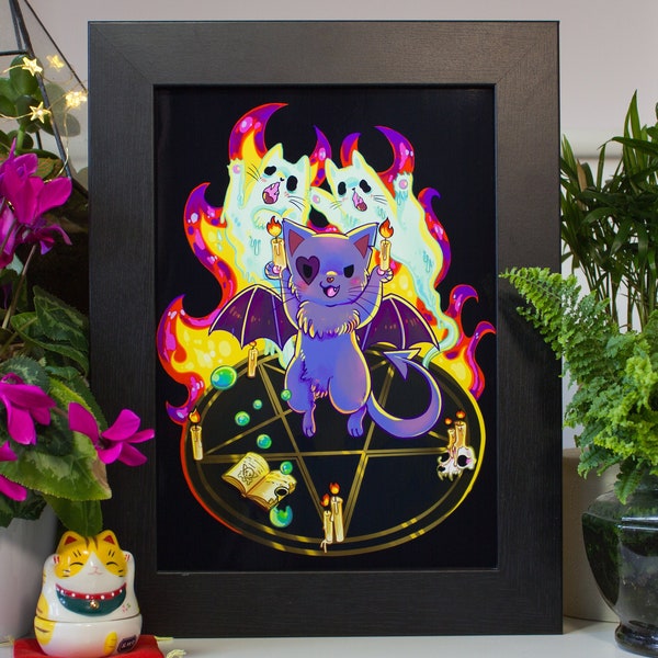 Summoning Demon Witch Cat Ritual Cute Print Animal Wall Art Illustration Witchcraft