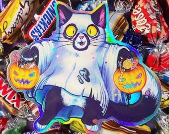 Halloween Trick or Treat Ghost Kitty Holographic Vinyl Sticker