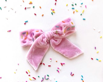 Pink Silk Velvet Confetti Sprinkle Bow, Ice Cream Bow, Birthday Celebration Bow, Cupcake Sprinkle Bow, Embellished Velvet Bow, Hair Clip