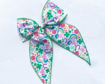 St Patricks Day Fable Bow, Charms Fable Bow, Rainbow Bow, Lucky Hair Bow, Clover Hair Bow Clip, Girls Long Tail Bow, Alligator Clip Bow