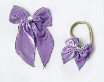 Lilac Purple Velvet Fable Bow, Light Purple Velvet Bow, Lavender Long Tail Bow, Girls Purple Velvet Bow, Mini Fable Headband Bow