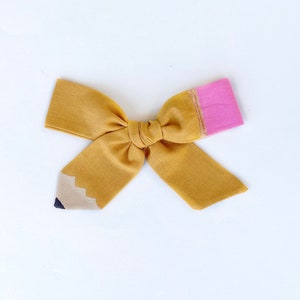 Hand Painted Pencil Bow Clip, Mustard Pencil School Bow, Back to School Bow, Kindergarten Hair Bow, First Day of School Bow