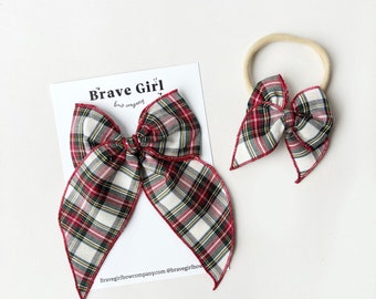 Christmas Tartan Plaid Fable Bow, Plaid Long Tail Bow, Red Plaid, Christmas Fable Bow Clip, Mini Fable Bow on Nylon Headband, Girls Hair Bow