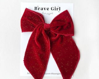 Sparkly Glitter Red Velvet Fable Bow, Valentines Day Bow, Red Long Tail Bow, Girls Sparkly Bow, Red Mini Fable Headband Bow, Hair Clip