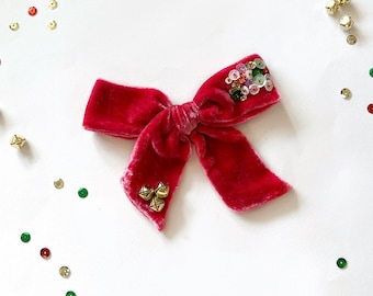 Red Silk Velvet Christmas Bow, Jingle Bell Bow, Christmas Sequin Embellished Velvet Bow, Red Velvet Hair Clip, Girls Christmas Bow Clips