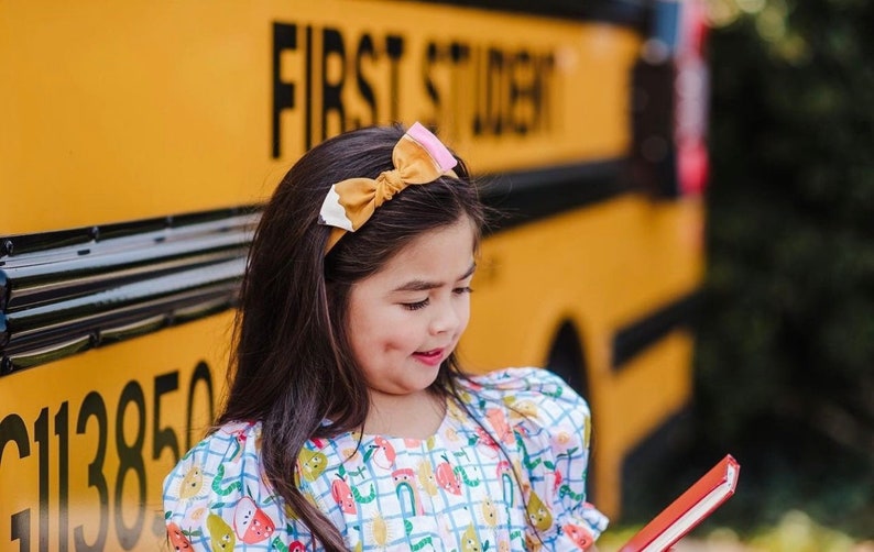 Hand Painted Pencil Bow Headband, Pencil Knot Headband, Back to School Headband Bow, Mustard Bow, Pencil Bows, First Day of School Bow image 6