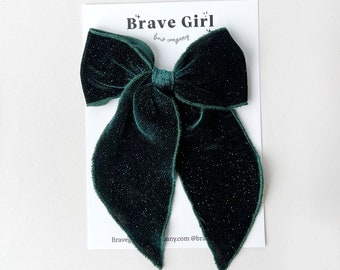 Sparkly Glitter Green Velvet Fable Bow, Christmas Green Velvet Bow, Dark Green Long Tail Bow, Girls Sparkly Bow, Mini Fable Headband Bow