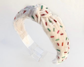 Christmas Sugar Cookie Sprinkle Ivory Silk Velvet Top Knot Headband, Christmas Headband, Fits Child-Adult, Velvet Headband, Beaded Headband