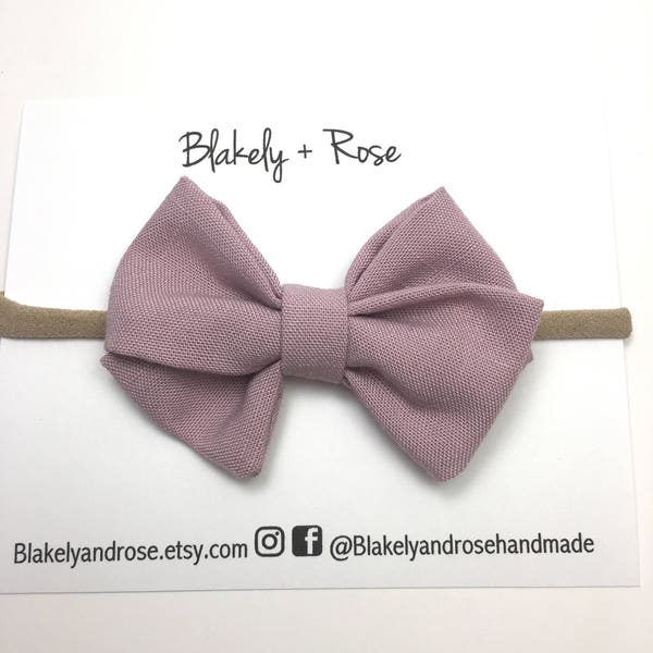 Mauve Linen Folded Sailor Baby Bow, Baby Bow on Nylon Headband, Nylon Baby Bow, Baby Bow Clip, Girls Hair Clip Bow, Toddler Hair Clip Bow