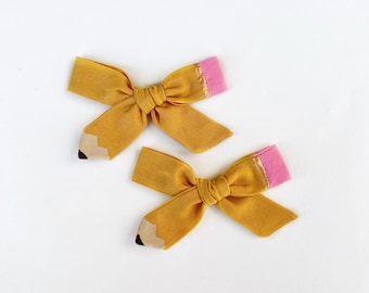 Hand Painted Pencil Pigtail Set, Mustard Pencil School Bow, Back to School Pigtail Bows, Kindergarten Hair Bow, First Day of School Bow