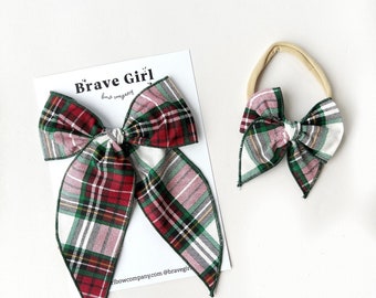 Christmas Tartan Plaid Fable Bow, Plaid Long Tail Bow, Red Plaid, Christmas Fable Bow Clip, Mini Fable Bow on Nylon Headband, Girls Hair Bow