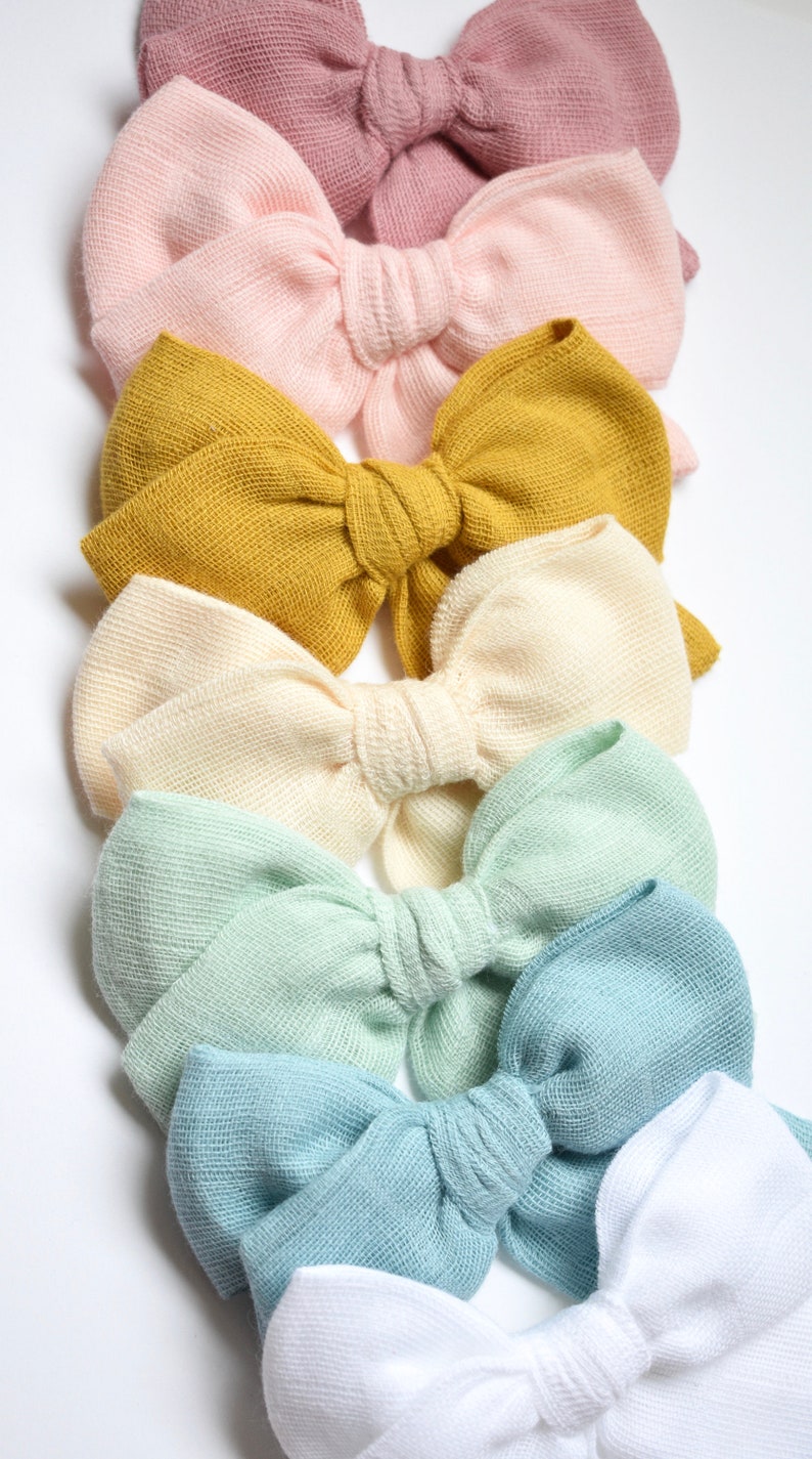 Pink Baby Headband Bow Toddler Hair Clip Handtied Bows White Bow Double Gauze Pinwheel Bows Bow on Nylon Headband or Alligator Clip