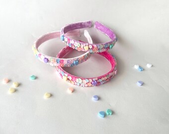 Pastel Heart Sequin Silk Velvet Thin Headband, Valentines Day Headband, Valentines Sequins, Pastel Headband, Sparkly Headband for Girls